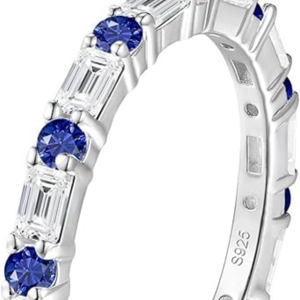 D Color VVS1 Clarity Moissanite & Thin Sappphire Ring Solid 925 Sterling Silver